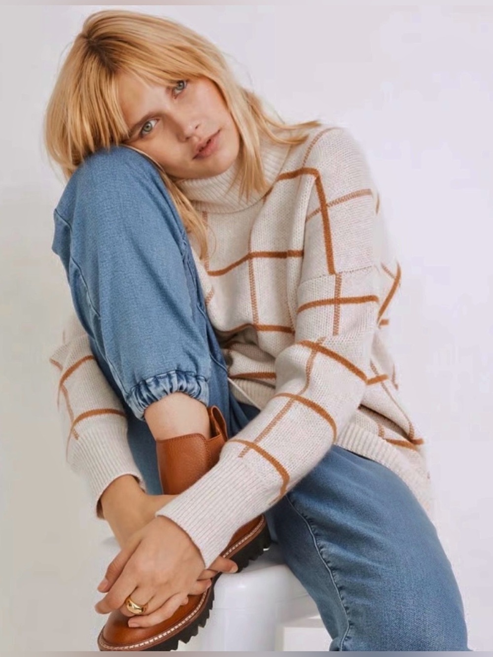 Madewell women’s peardale Turtleneck  Sweater Windowpane Merino Wool Blend XS